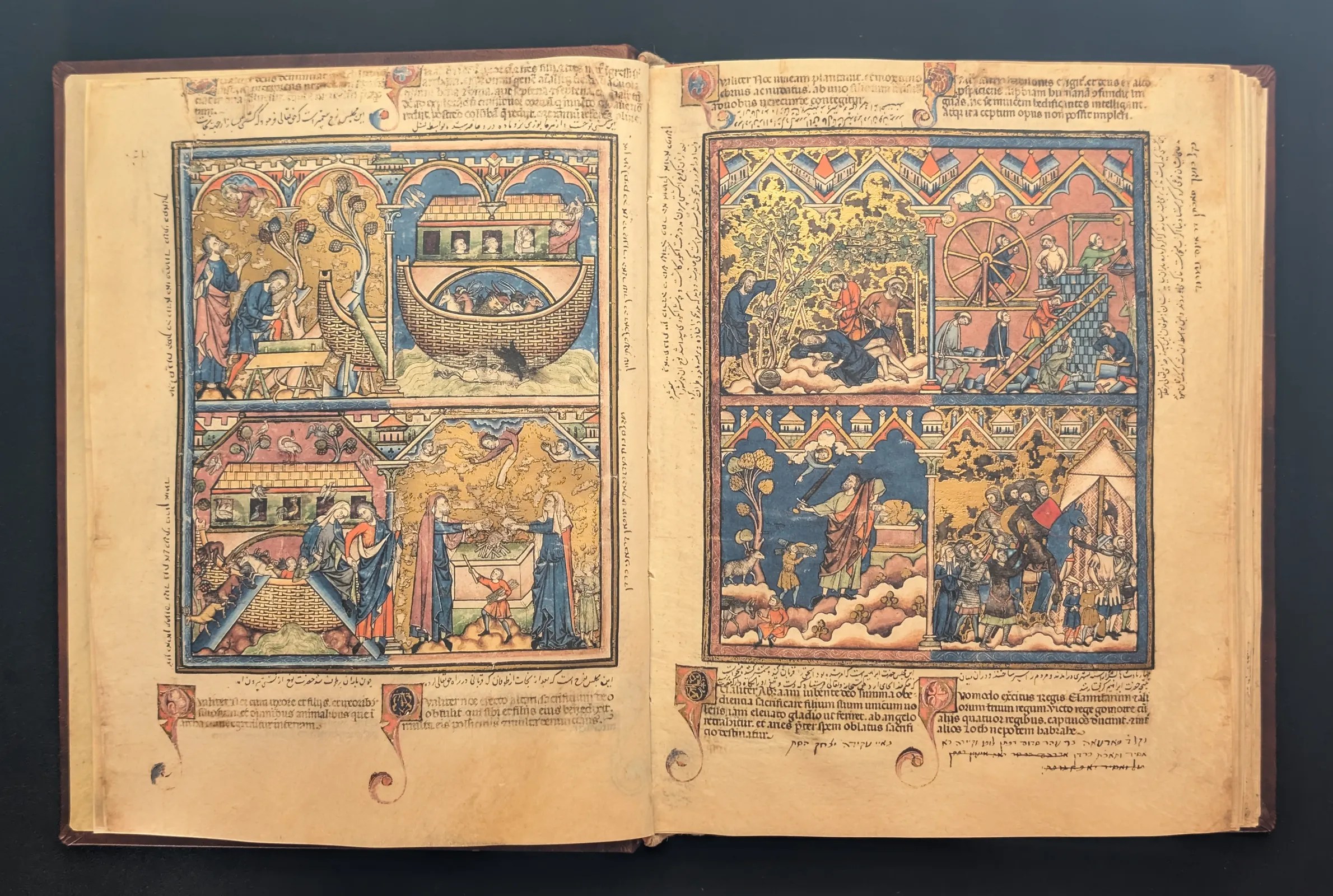 Folio 2v - El diluvio y el arca de Noé, Folio 3r - Fin de la historia de Noé; La torre de Babel; Comienzo de la historia de Abraham