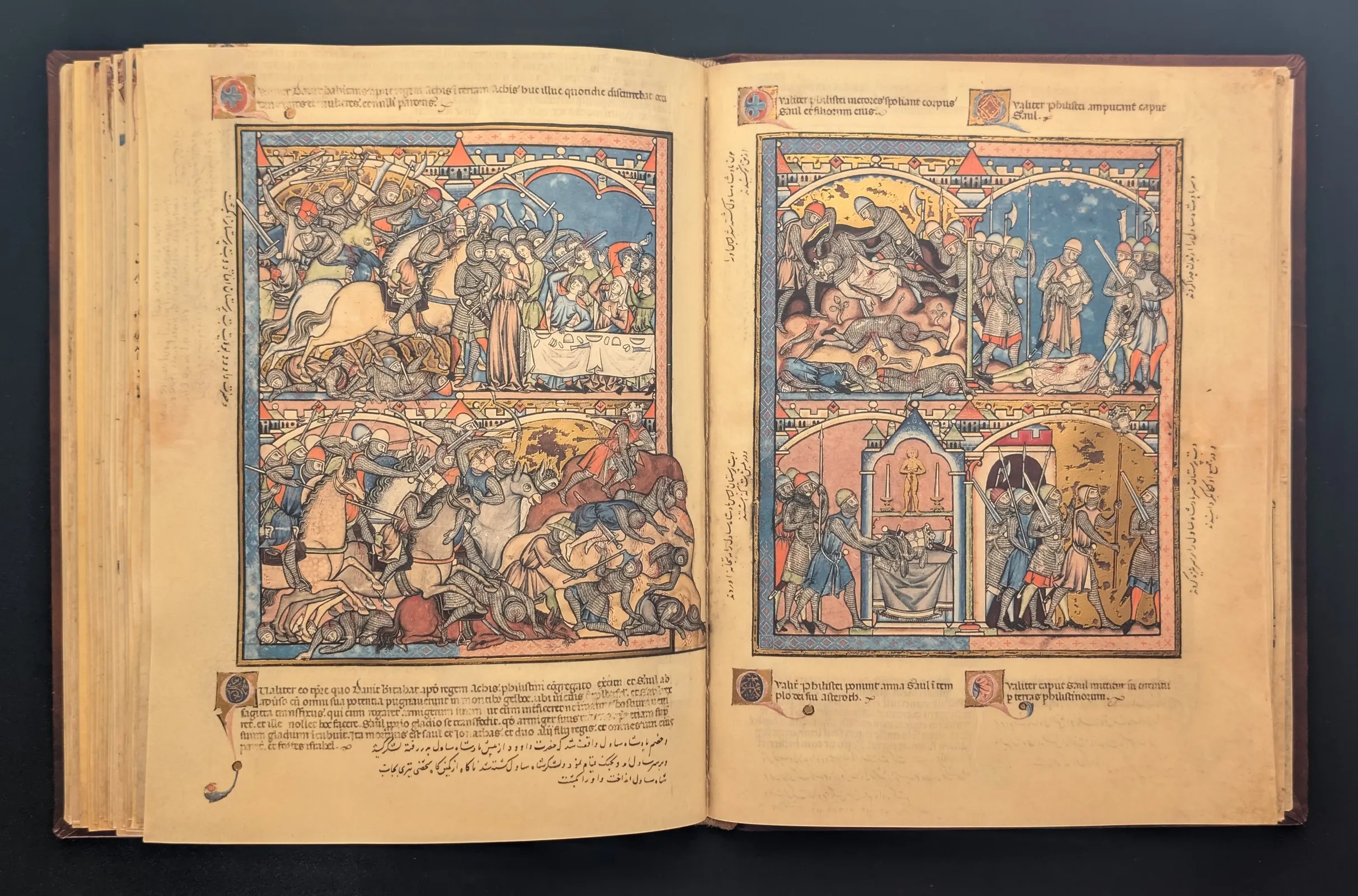 Folio 34v - Muerte de Saúl; Rescate de las esposas de David, Folio 35r - Profanación del cadáver de Saúl