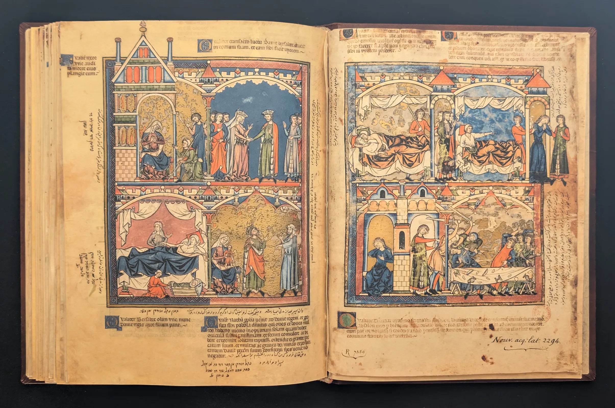 Folio 42v - Desposorios de David y Betsabé, Folio 43r - Historia de Absalón I (Bibliothéque Nationale, París)