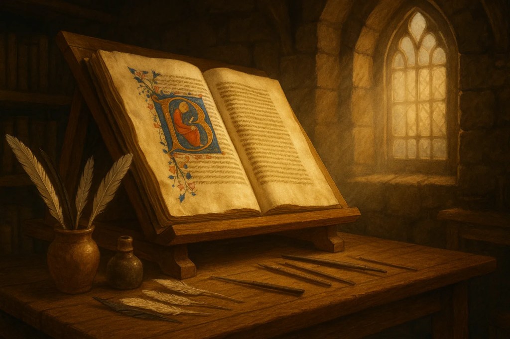 Imagen representativa de un manuscrito iluminado en una mesa