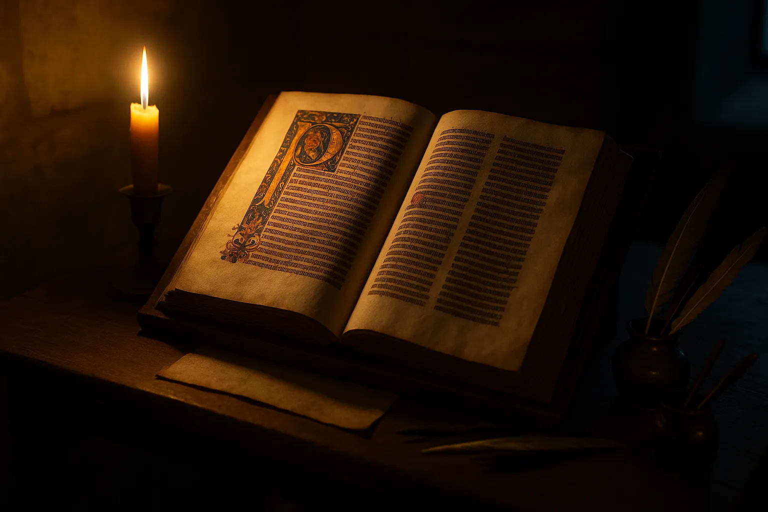 Imagen representativa de un manuscrito iluminado en una mesa