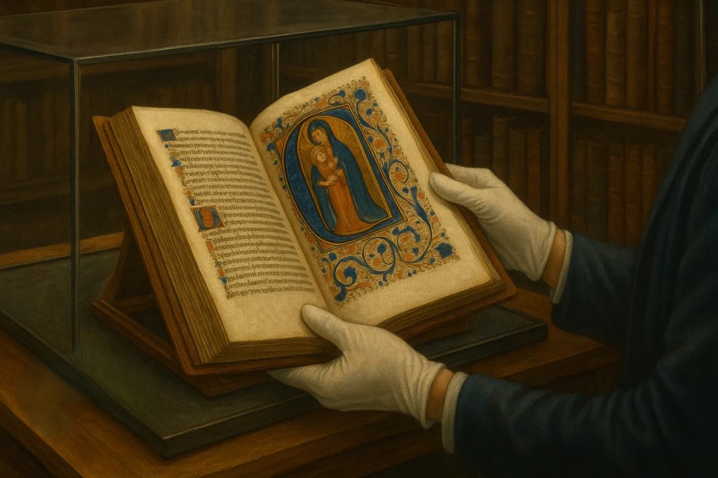 Imagen representativa de una persona con guantes mostrando con cuidado un manuscrito en lo que parece una biblioteca