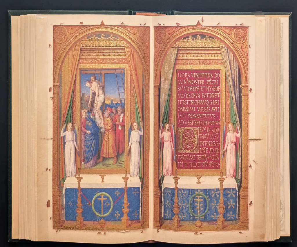 Folios. 198-199. El Descendimiento de la Cruz. Hora vespertina Página íncipit decorada