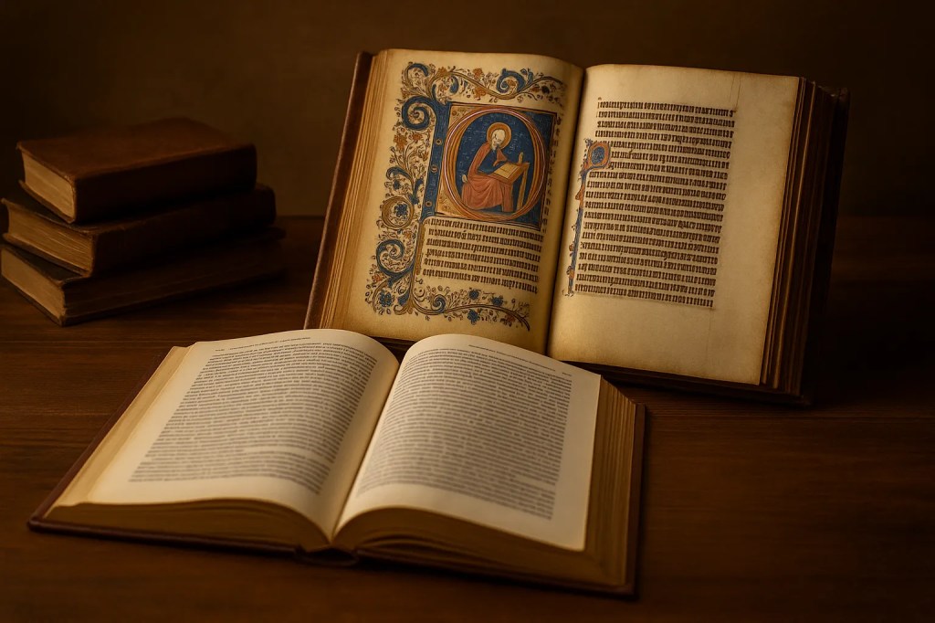 Imagen representativa de un manuscrito iluminado y varios libros de estudio sobre una mesa