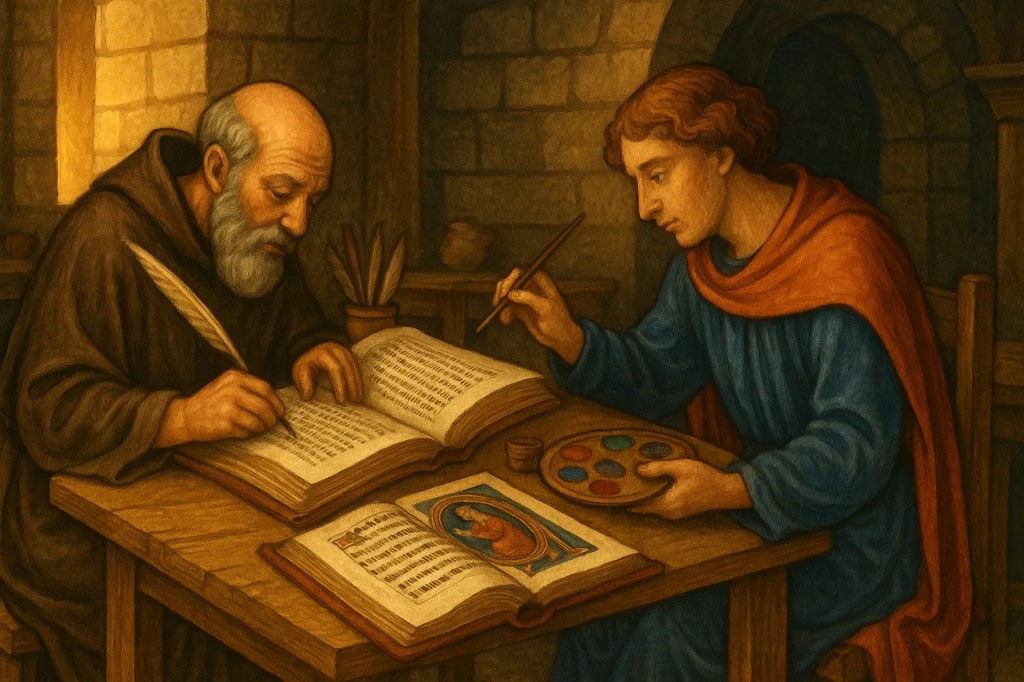 Imagen representativa de un copista y un iluminador trabajando en un taller