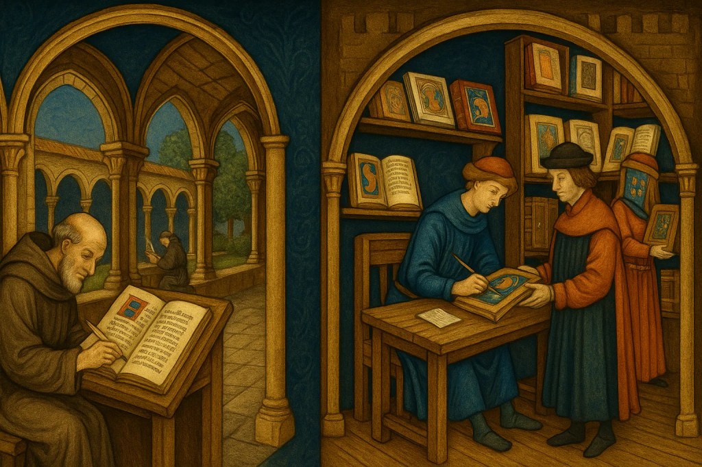 Imagen representativa de la diferencia entre el trabajo en un monasterio y el trabajo en un taller urbano