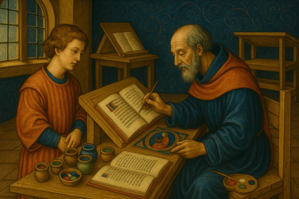 Imagen representativa de un iluminador añadiendo los colores a un manuscrito