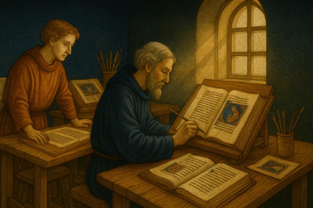 Imagen representativa de un maestro iluminador junto a su aprendiz trabajando en un taller