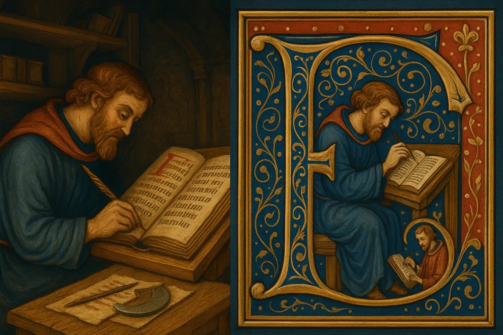 Imagen representativa del iluminador de un manuscrito incluyéndose a si mismo en una letra capital decorada