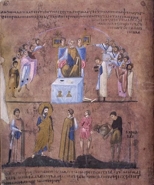 Imagen del Codex Rossanensis, conocido también como los Evangelios de Rossano: Juicio de Pilato