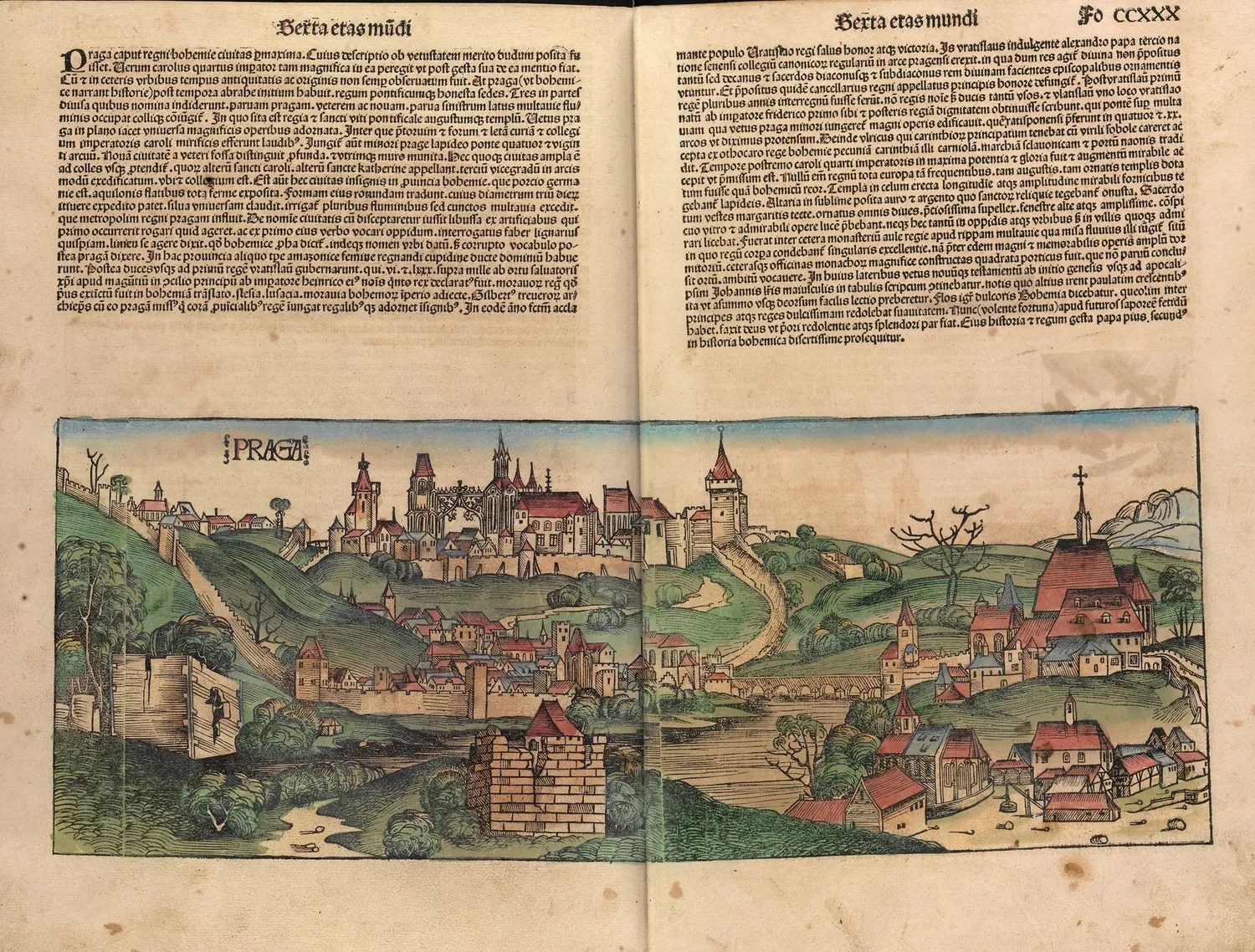 Imagen del Liber Chronicarum. Folios 229v-230r: Ciudad de Praga