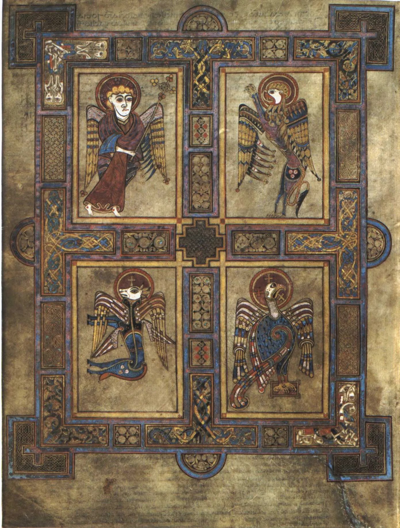 Imagen del Libro de Kells. Folio 27v: Símbolos de los cuatro Evangelistas Mateo, Marcos, Lucas y Juan