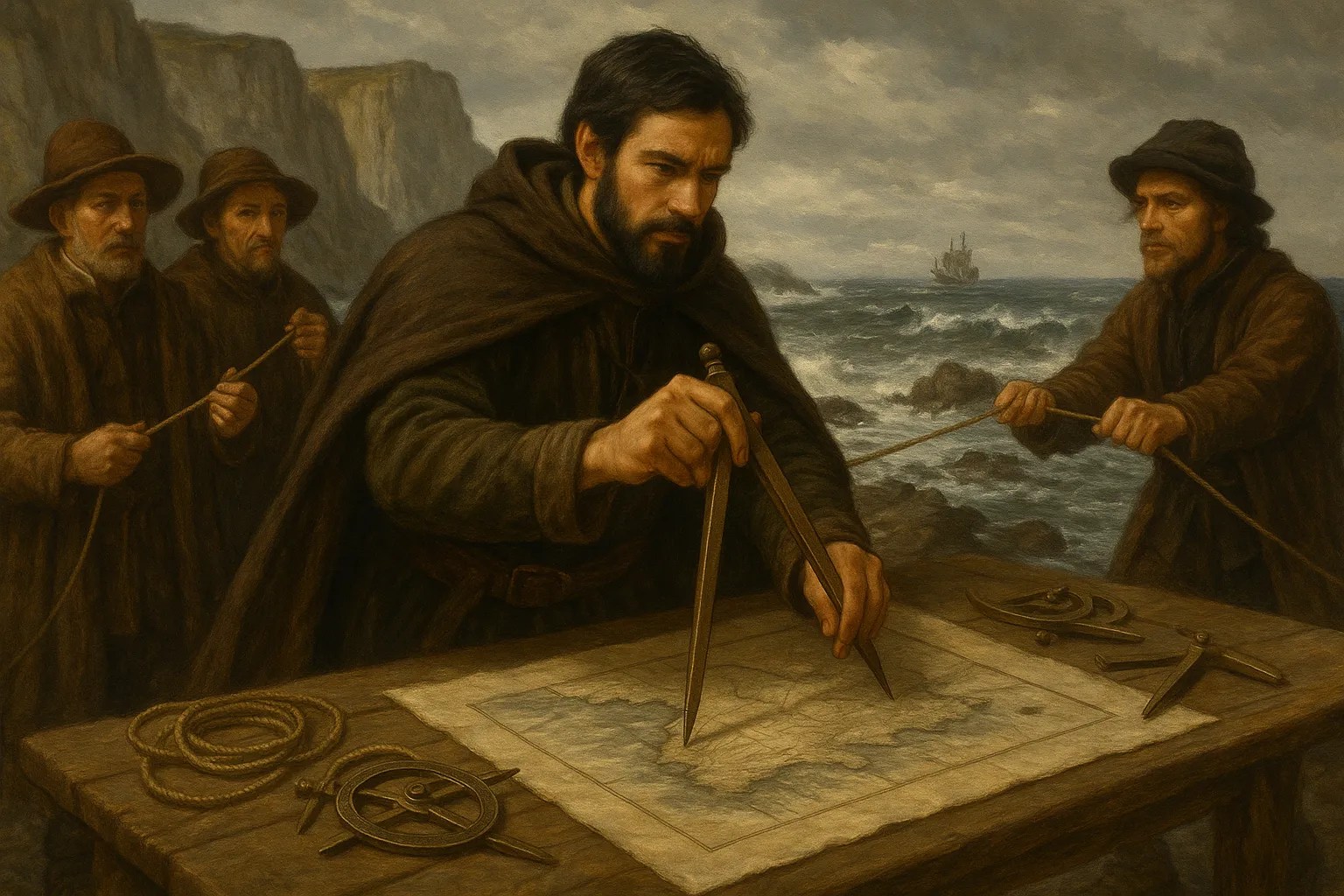 Representación de Pedro Texeira y su equipo trabajando