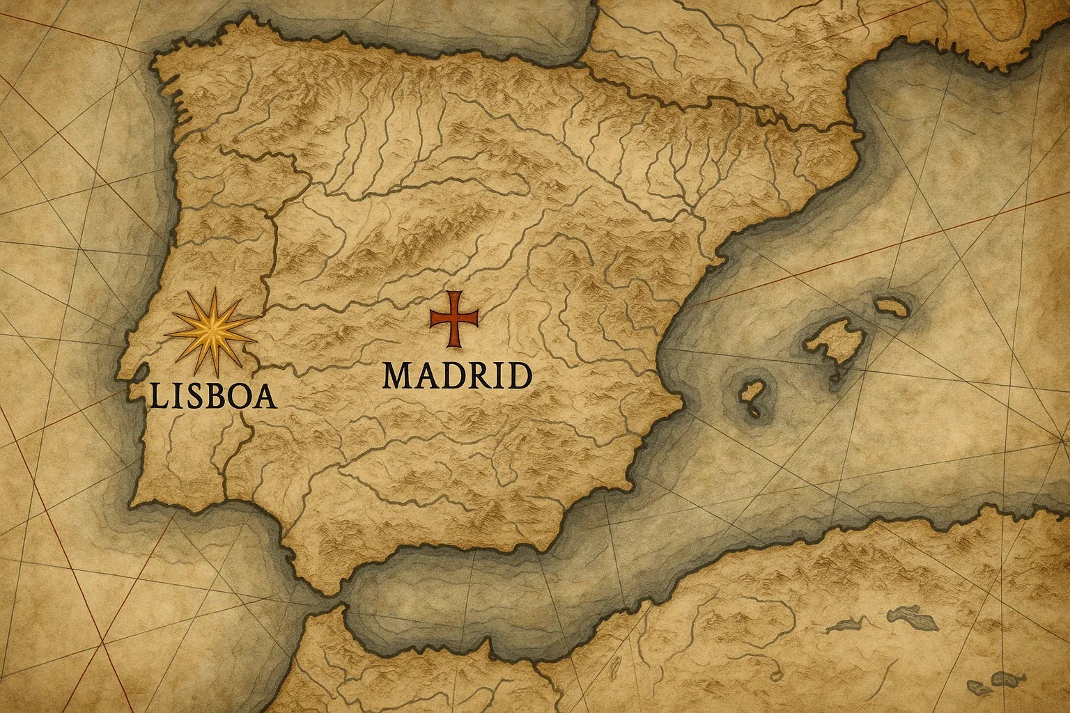 Representación en un mapa de la Península Ibérica de los lugares del nacimiento y la muerte de Texeira