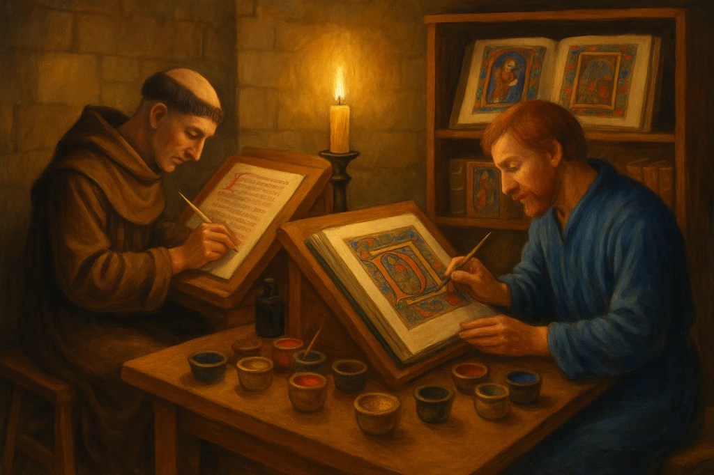 Imagen representativa de un copista y un iluminador trabajando en un taller.