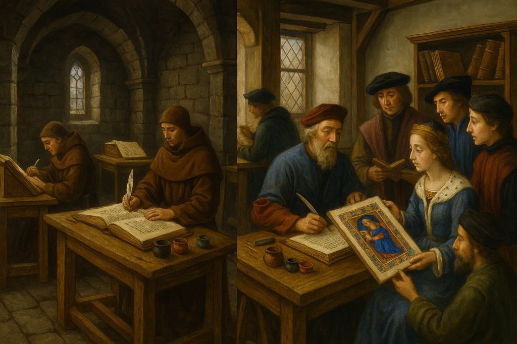 Imagen representativa de 2 entornos de trabajo: un scriptorium y un taller