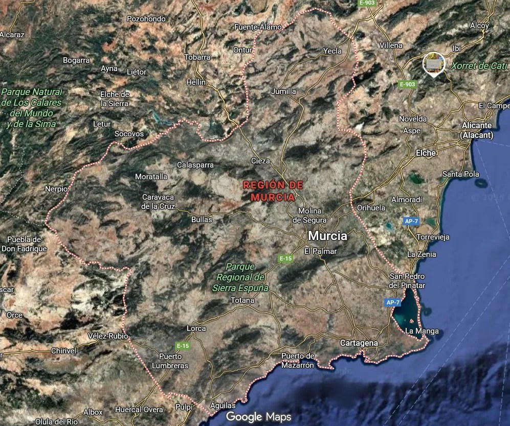 Imagen de Google Maps de la Región de Murcia
