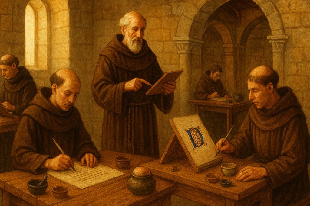 Imagen representativa del ambiente de trabajo en la creación de un manuscrito en un scriptorium monástico