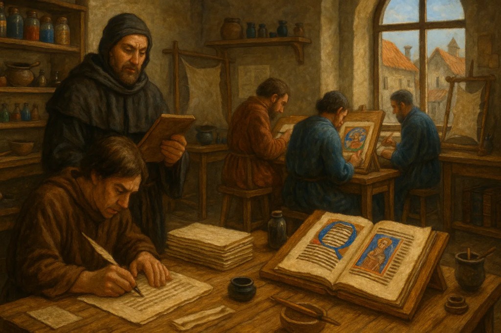 Imagen representativa del ambiente de trabajo en la creación de un manuscrito en un taller urbano