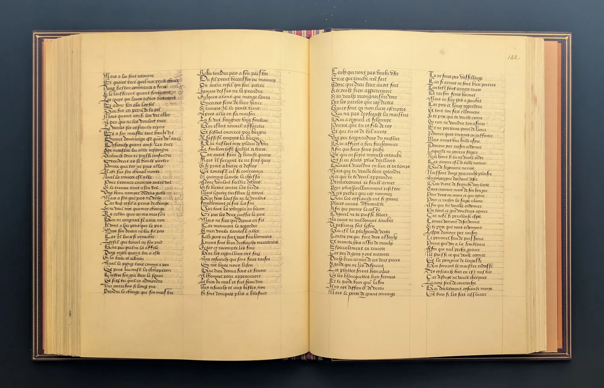 Libro de la Caza de Gastón Fébus, folios 141v-142r, caligrafía