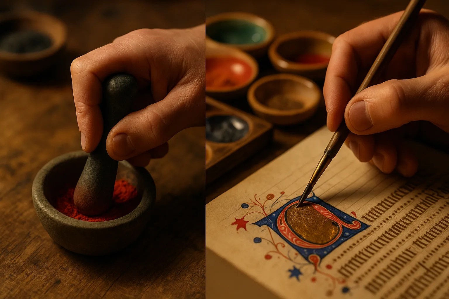 Representación de cómo se machacaban pigmentos y cómo aplicaban el oro