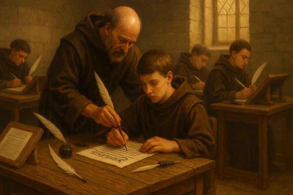 Representación de la formación de aprendices en los scriptoria monásticos