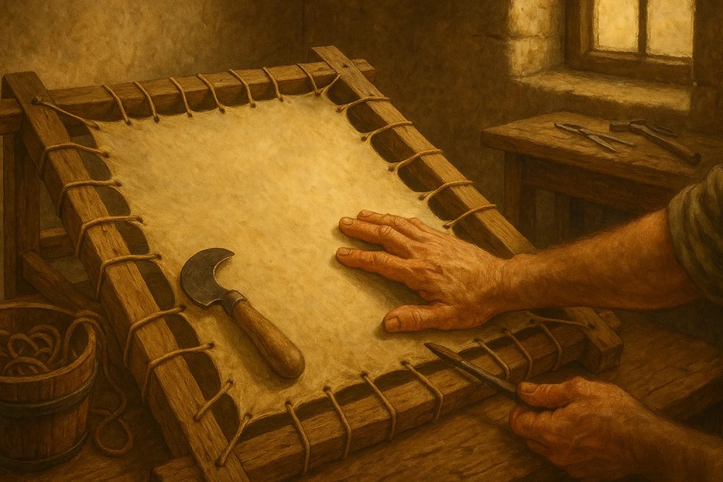 Representación del paso 1 de la secuencia de trabajo en la creación de un manuscrito: preparación del pergamino