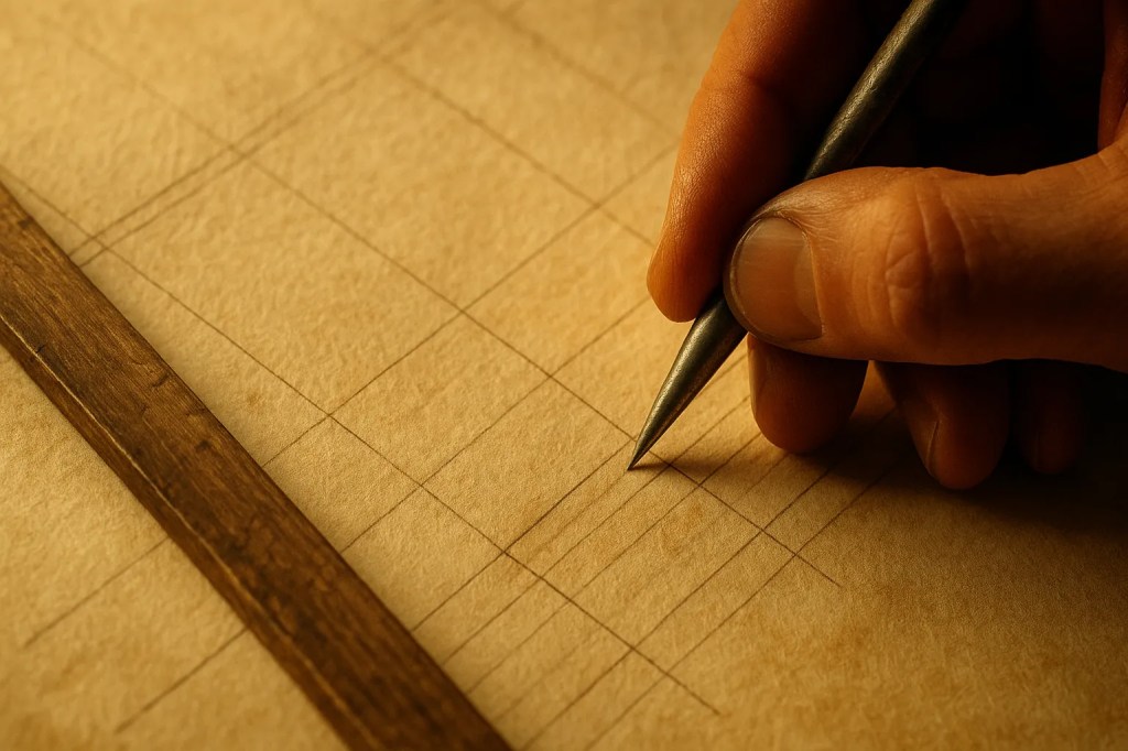 Representación del paso 2 de la secuencia de trabajo en la creación de un manuscrito: marcado del pautado