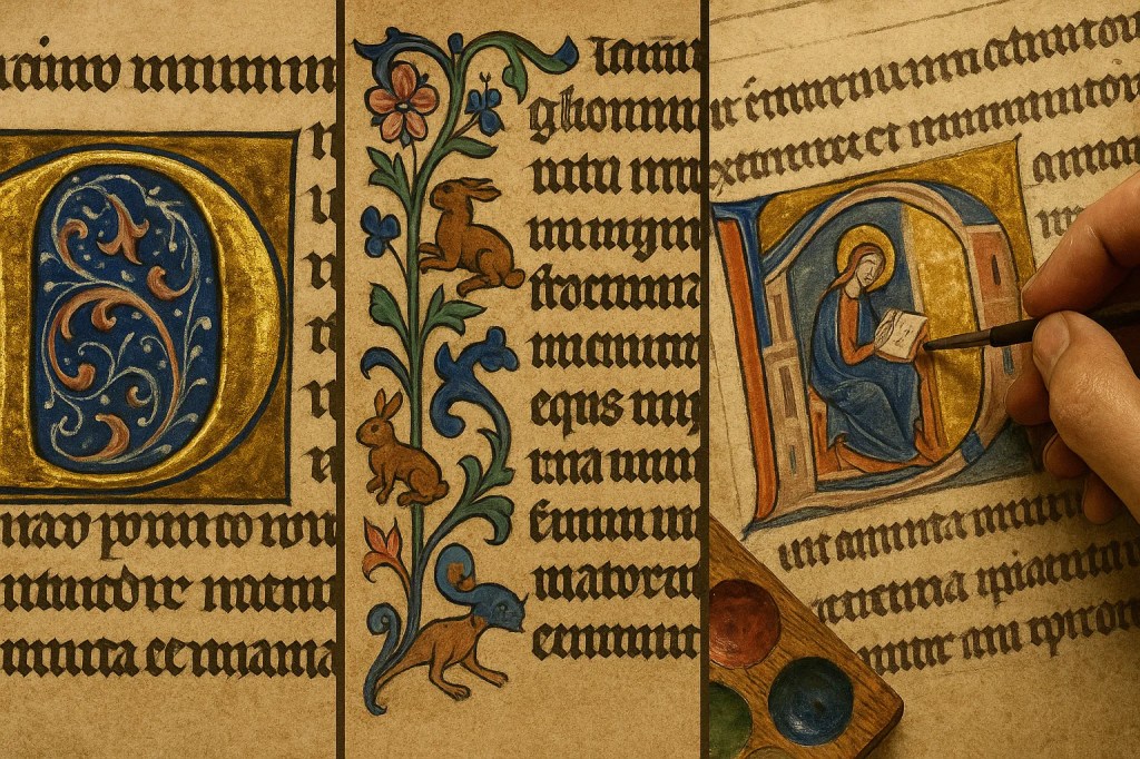 Representación del paso 4 de la secuencia de trabajo en la creación de un manuscrito: proceso de iluminación