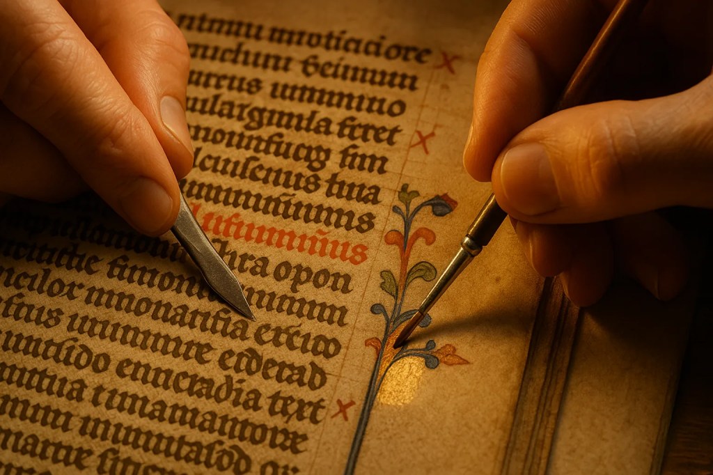 Representación del paso 5 de la secuencia de trabajo en la creación de un manuscrito: correcciones y retoques