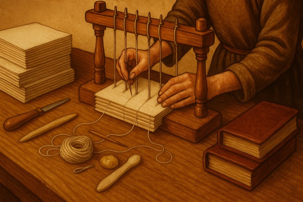 Representación del paso 6 de la secuencia de trabajo en la creación de un manuscrito: encuadernación