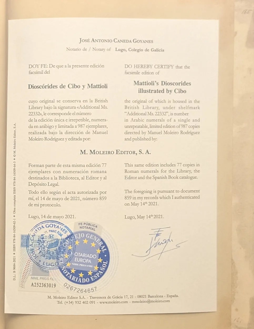 Acta Notarial del facsímil del Dioscórides de Cibo y Mattioli de Moleiro