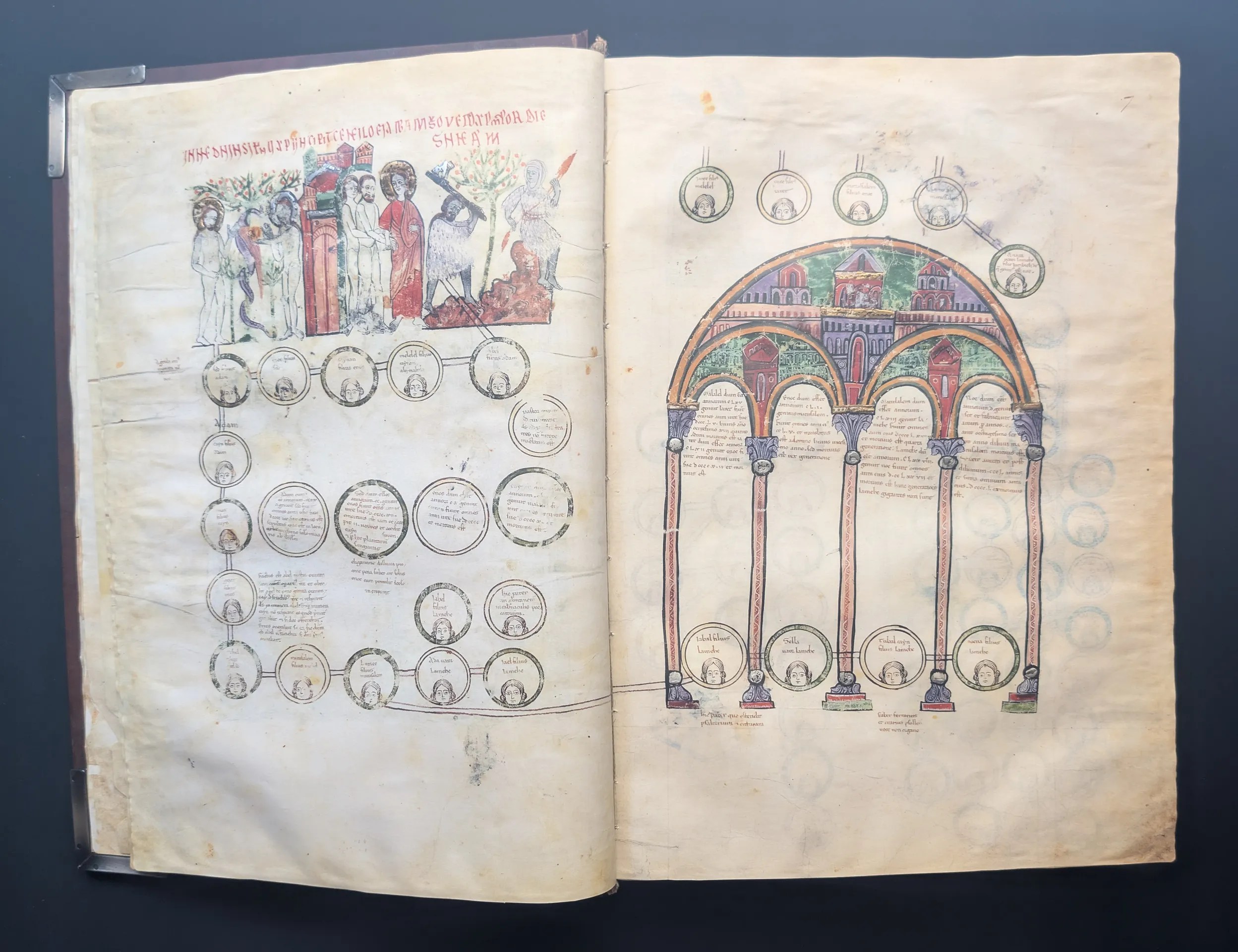 Folio 6v – Tablas Genealógicas; Caída, Expulsión, Trabajos de Adán y Eva, Folio 7 – Continuación de las Tablas Genealógicas