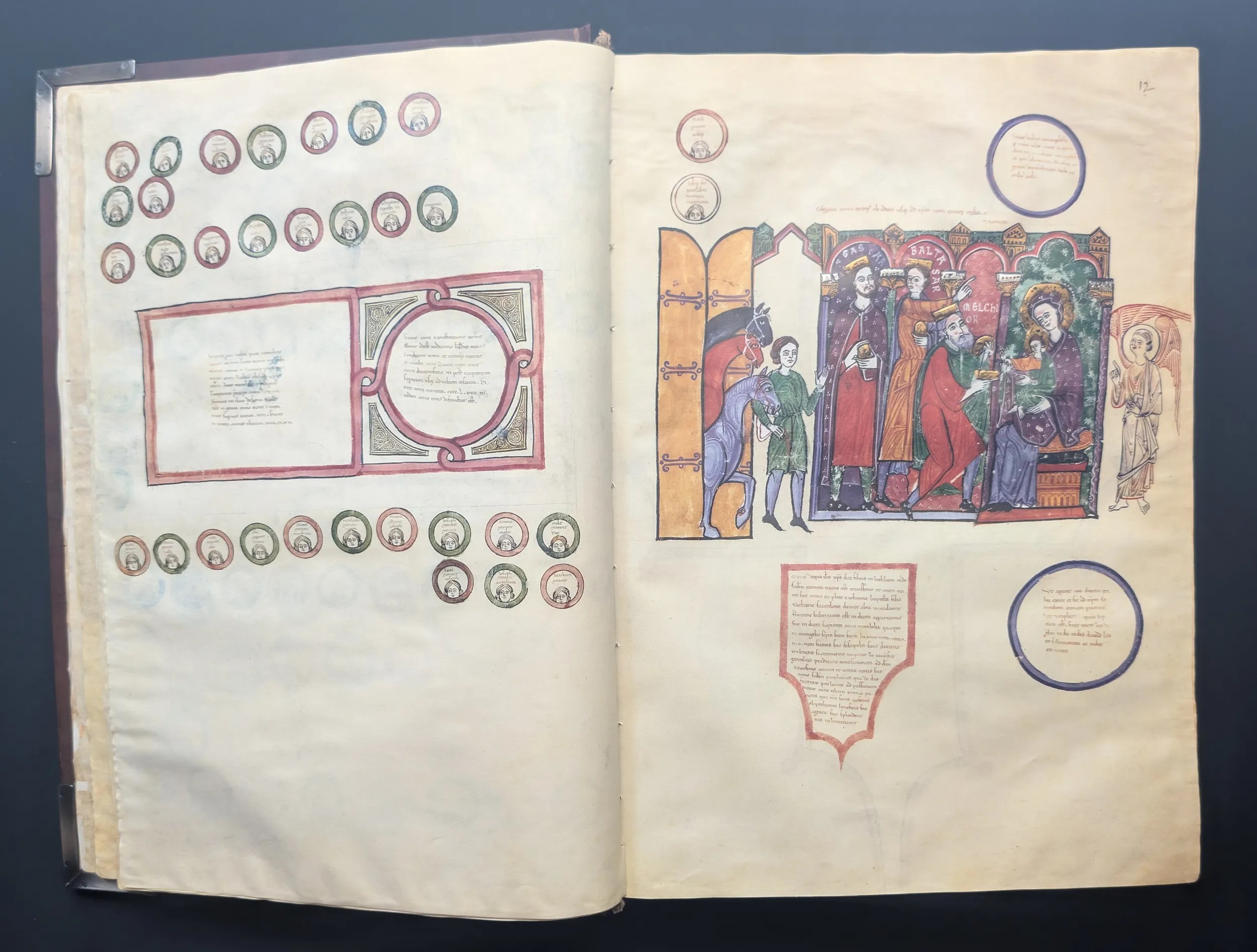 Folio 11v – Continuación de las Tablas Genealógicas, Folio 12 – Final de las Tablas Genealógicas; Adoración de los Reyes Magos