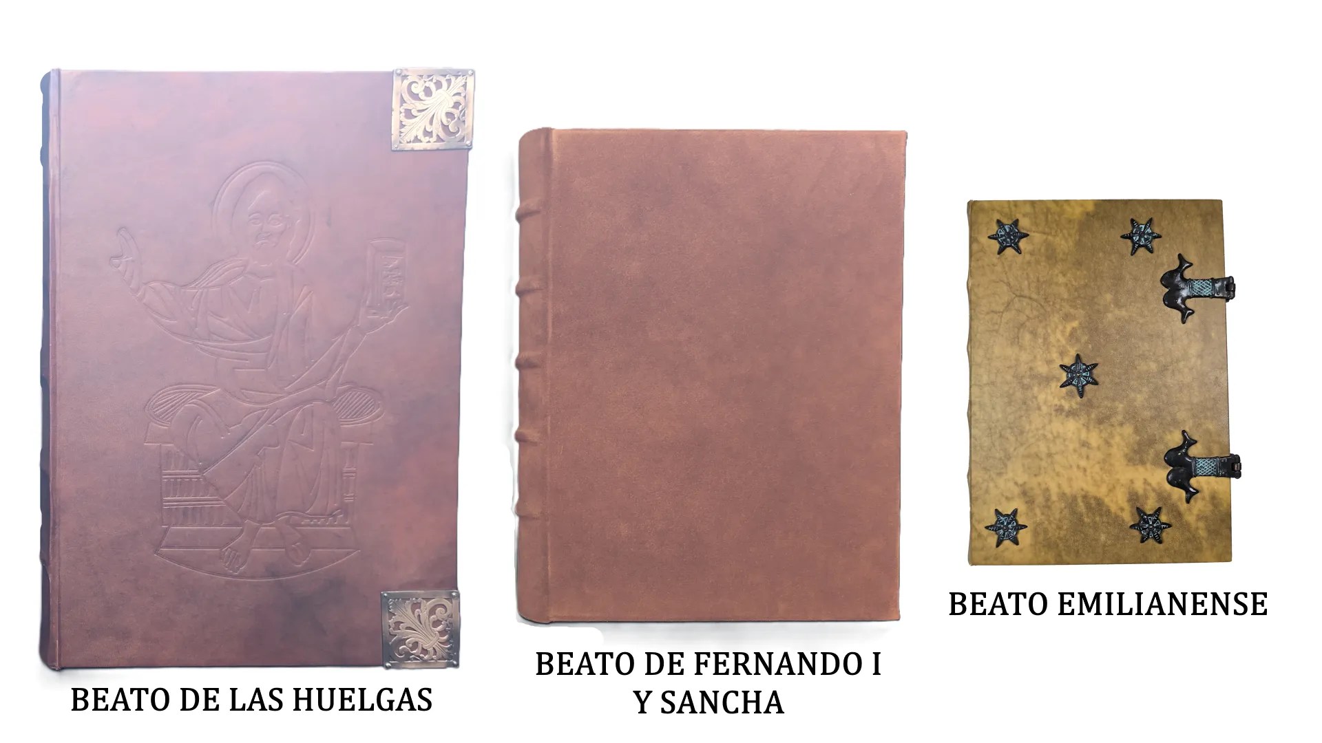 Imagen comparativa del Tamaño de 3 Beatos de Liébana: Beato de las Huelgas, Beato de Fernando I y Sancha, y Beato Emilianense
