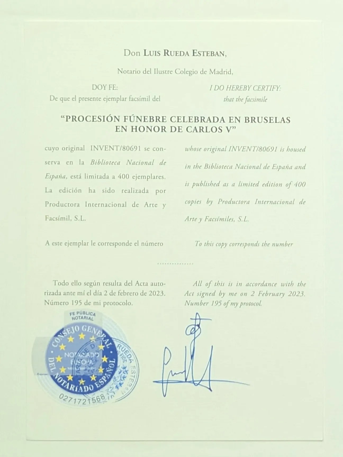 Acta Notarial del facsímil de la Procesión fúnebre en honor a Carlos V