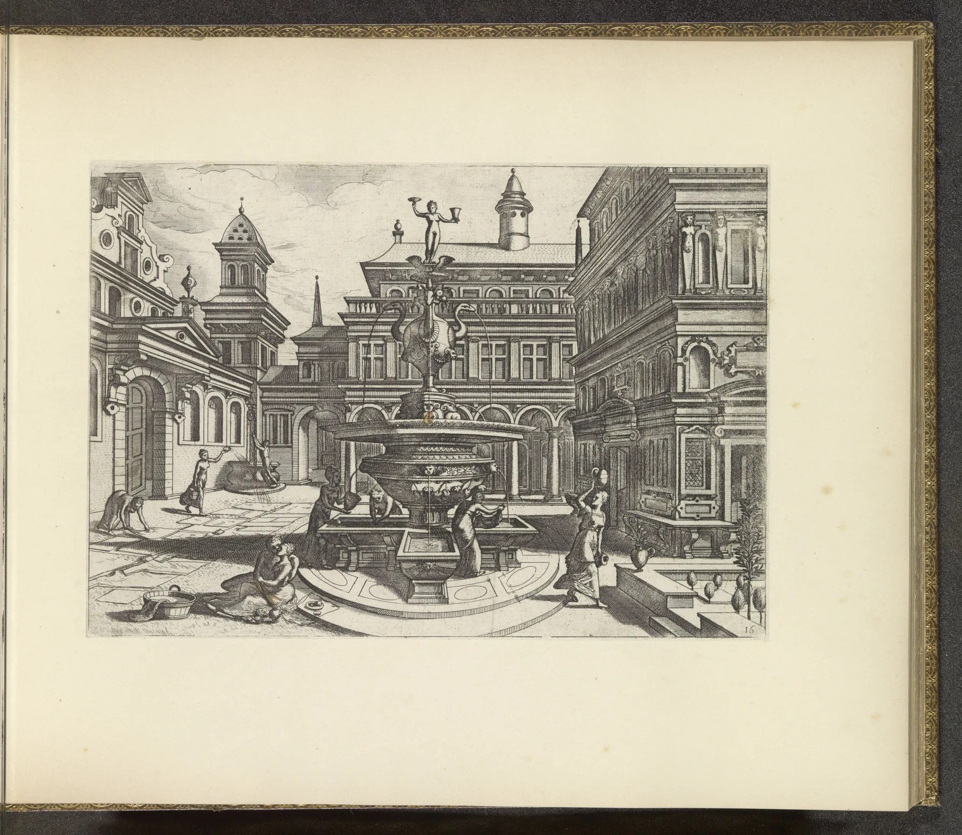 Plaza urbana con fuente en forma de vaso, diseñada por Hans Vredeman de Vries y grabada por Johannes o Lucas van Doetechum, ca. 1600