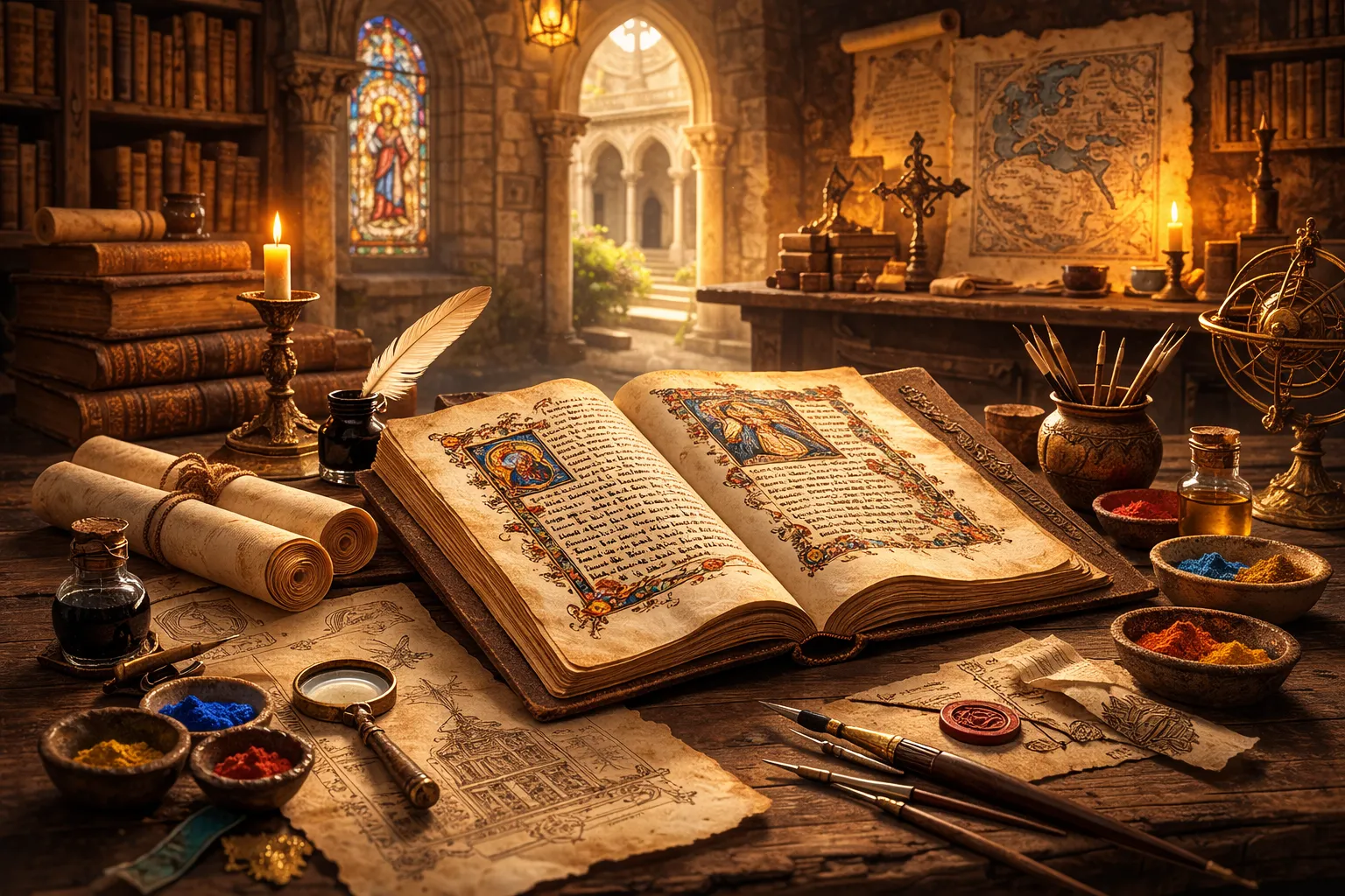 Manuscrito medieval iluminado con pigmentos y herramientas de copista en un entorno monástico