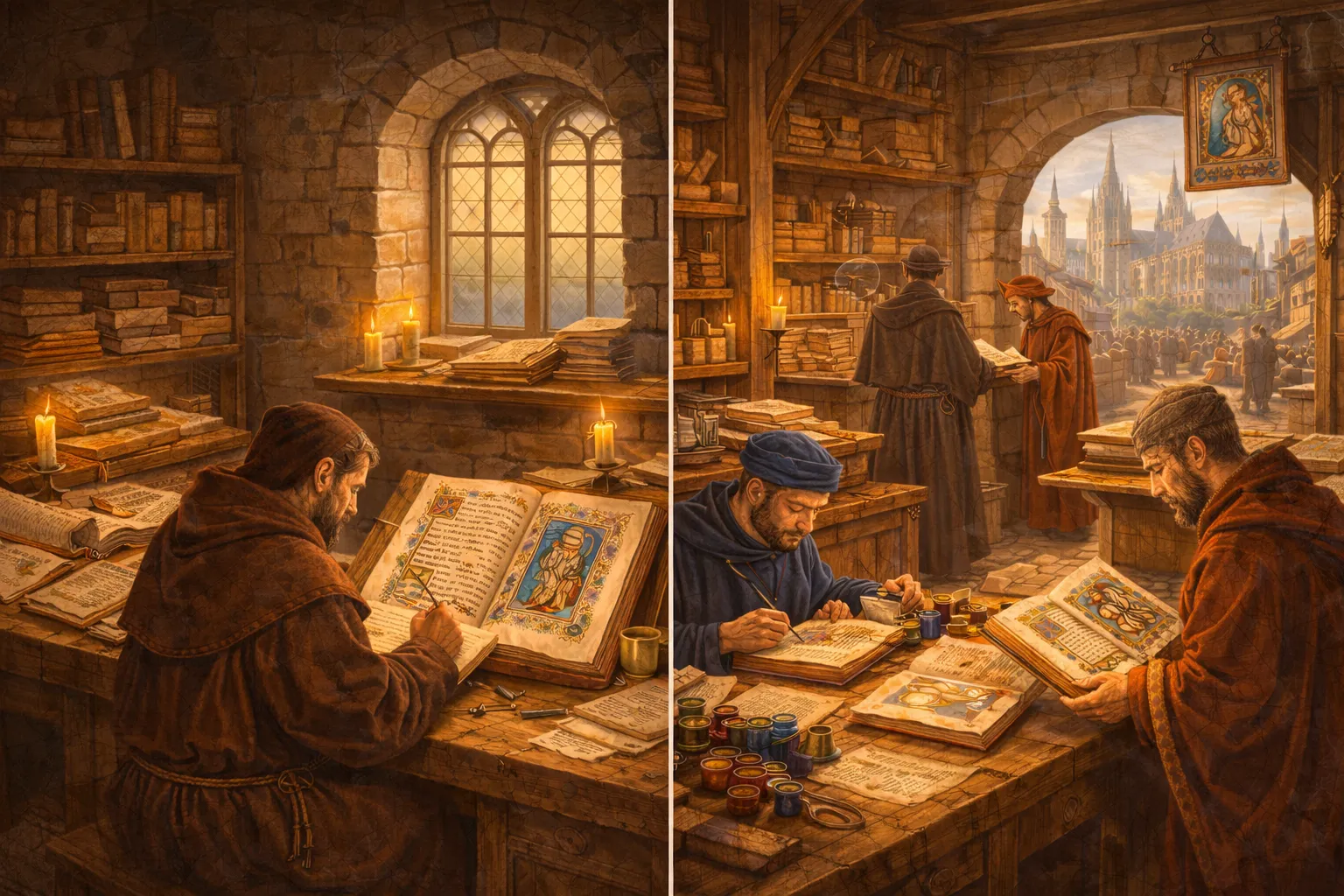 Monje trabajando en un scriptorium y artesanos en un taller urbano, representación del paso en la producción de manuscritos medievales